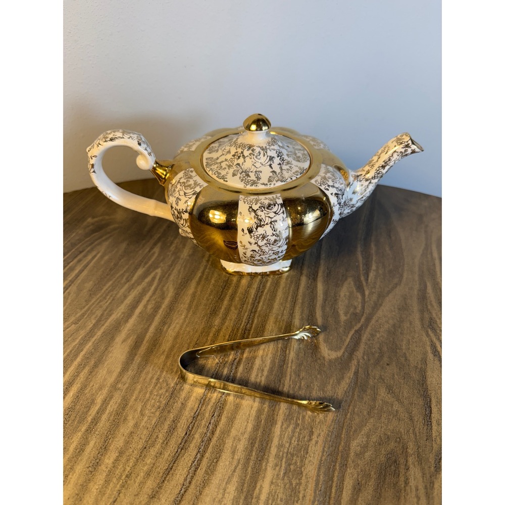Vintage 1954 Arthur Wood Teapot 4317 England Gold Chintz Set W/ Sugar Tongs